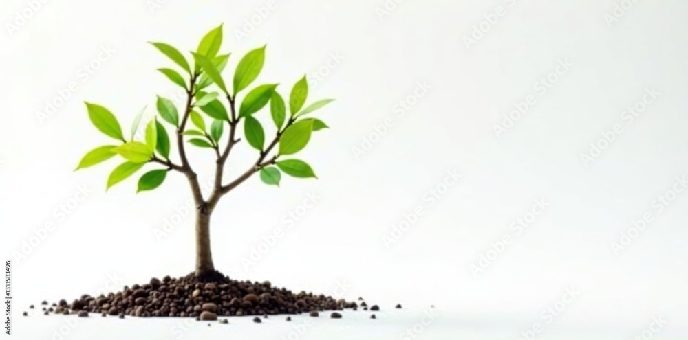 Fototapeta premium Small tree with delicate branches and leaves on white background, growth, garden