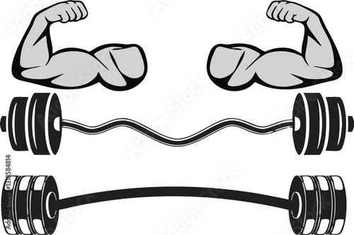 Weightlifting barbells and dumbbells. Design element for label, sign, emblem, banner. Editable vector, EPS 10.