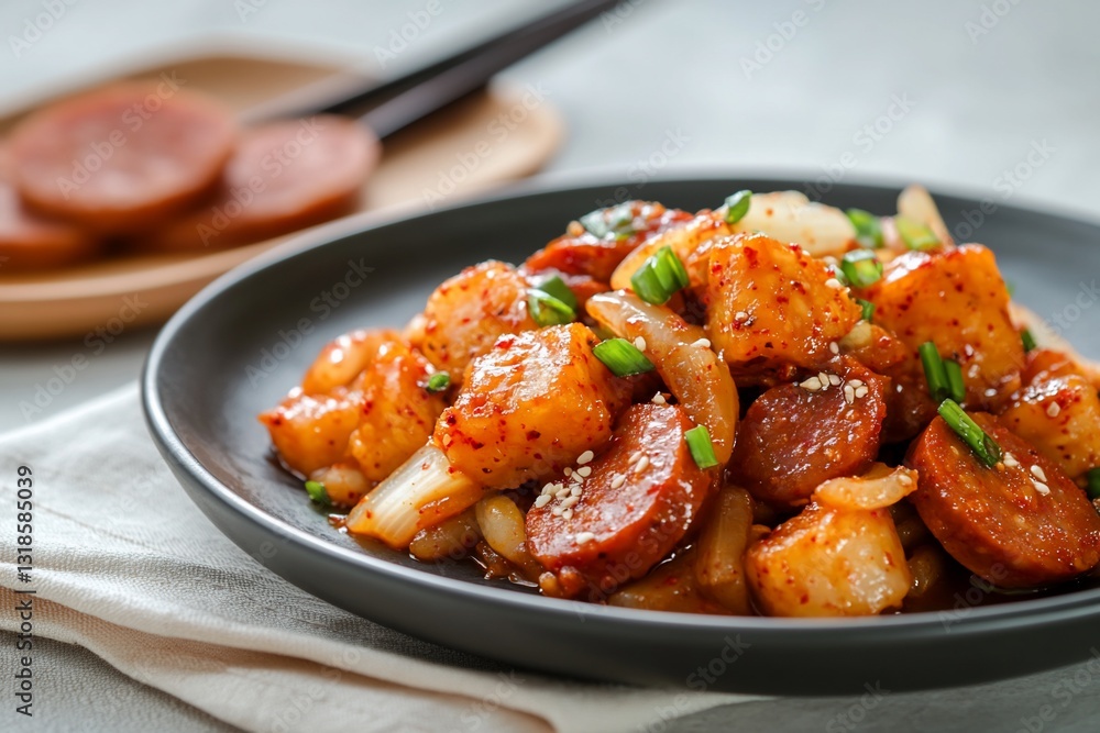 Savory stir-fry with sausage and tofu Savory stir-fry with sausage and tofu