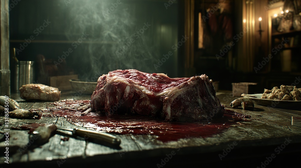 Bloody Steak on Dark Wooden Table: A Culinary Still Life