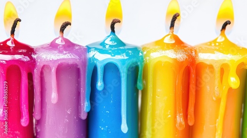 Vibrant colored candles melting with flames, set against a bright background, creating a festive atmosphere