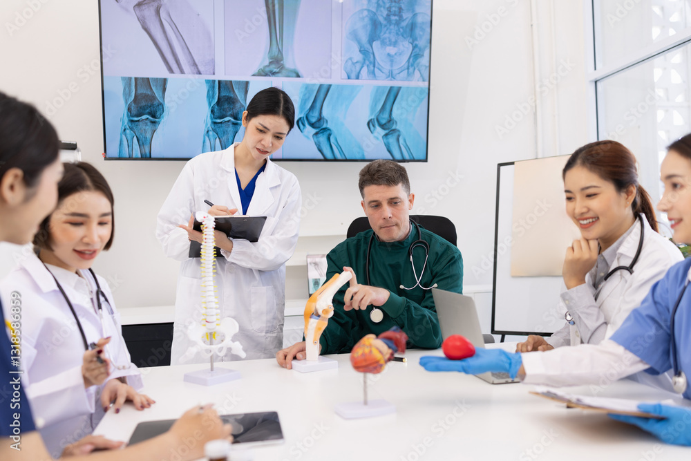 Fototapeta premium Team of doctor with human model and orthopedic surgeon, Healthcare and medical concept.