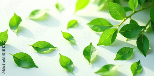 Delicate leaves scattered on a pure white surface, green, leaves, nature