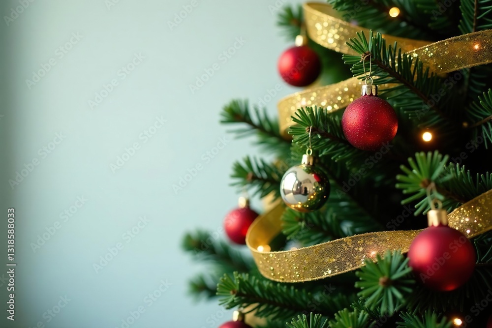 Fototapeta premium Glittering garland wrapped around a wooden Christmas tree, ornaments, twinkling lights, tree