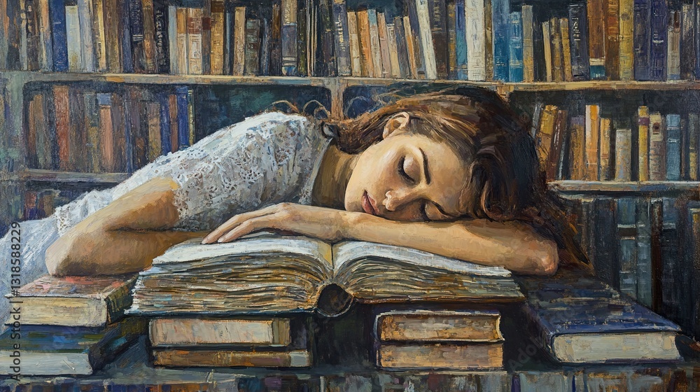 Woman Sleeping on Books in Library: A Dreamy Scene