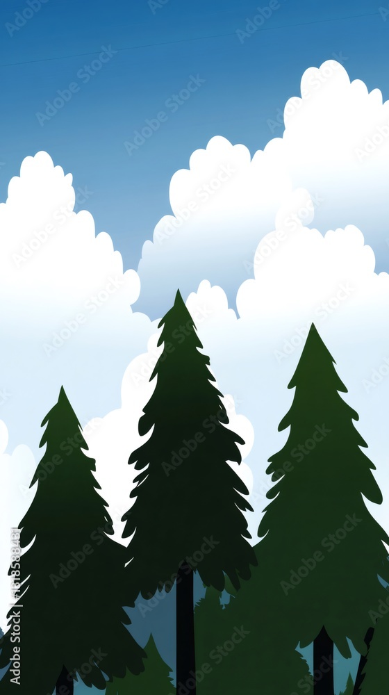 Obraz premium Coniferous forest landscape with pine trees silhouettes over a blue cloudy sky background