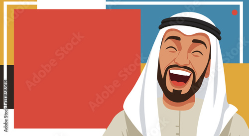 Happy Arab man in white kandura laughing on geometric background