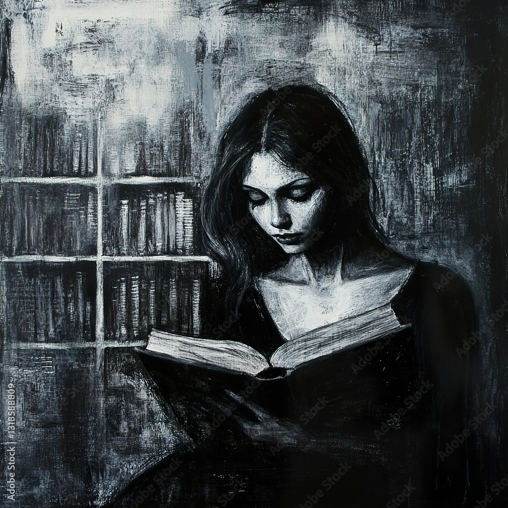 Woman Reading a Book in a Library: Monochrome Portrait