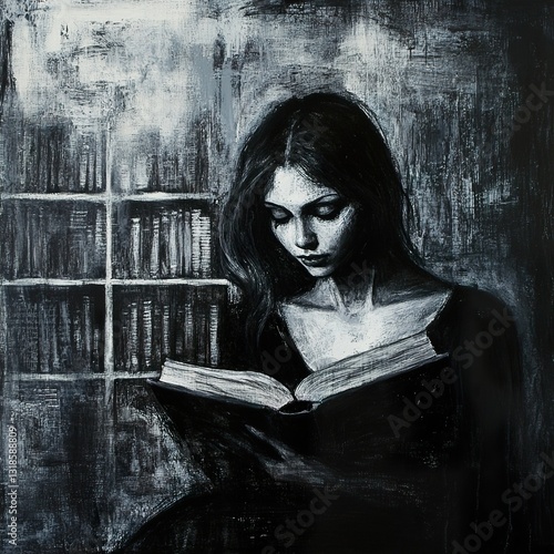 Obraz na płótnie Woman Reading a Book in a Library: Monochrome Portrait w salonie
