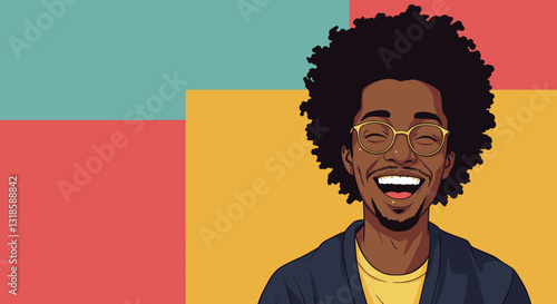 Smiling young man with afro and glasses on colorful background