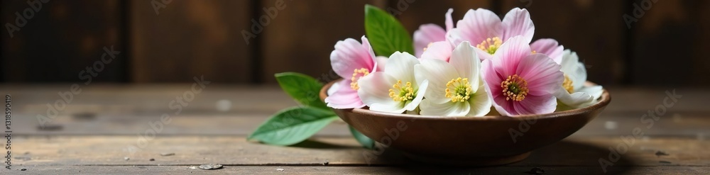 Delicate hellebore flowers in a shallow bowl on a wooden table, still life, nature, flowers Delicate hellebore flowers in a shallow bowl on a wooden table, still life, nature, flowers