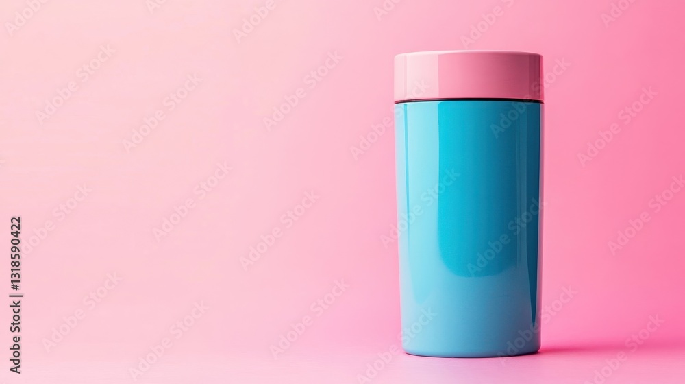 A colorful blue and pink insulated container on a pink backdrop A colorful blue and pink insulated container on a pink backdrop