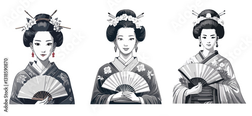 Beautiful, graceful, delicate-faced, and make-up geisha in traditional costume, decorated with flowers and hairpins, holding an ornate fan.