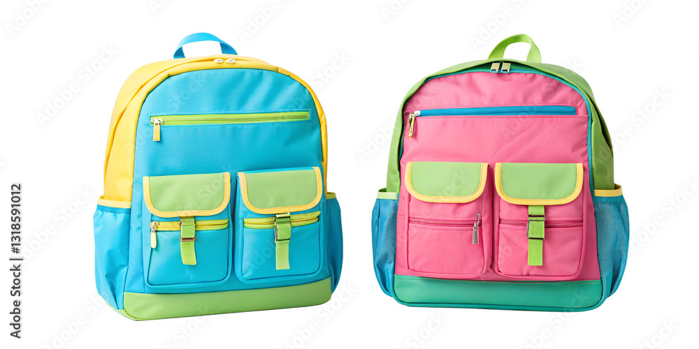 Fototapeta premium Colorful Backpack with Multiple Pockets on White, Bright School Backpack, Multi-pocket Travel Bag, Cut Out