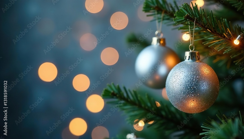 Fototapeta premium Glittering silver ornaments on a Christmas tree branch, shine, decoration, silver