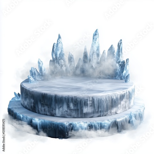 Layered cylindrical podium with icy appearance and misty background highlights creativity