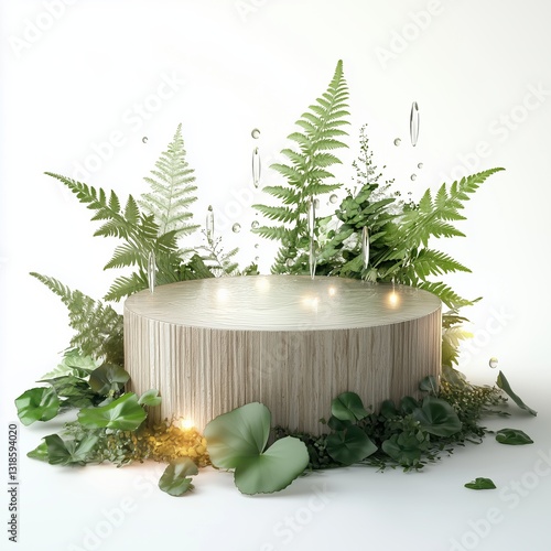 Layered cylindrical podium surrounded by lush foliage and bubbles in serene setting