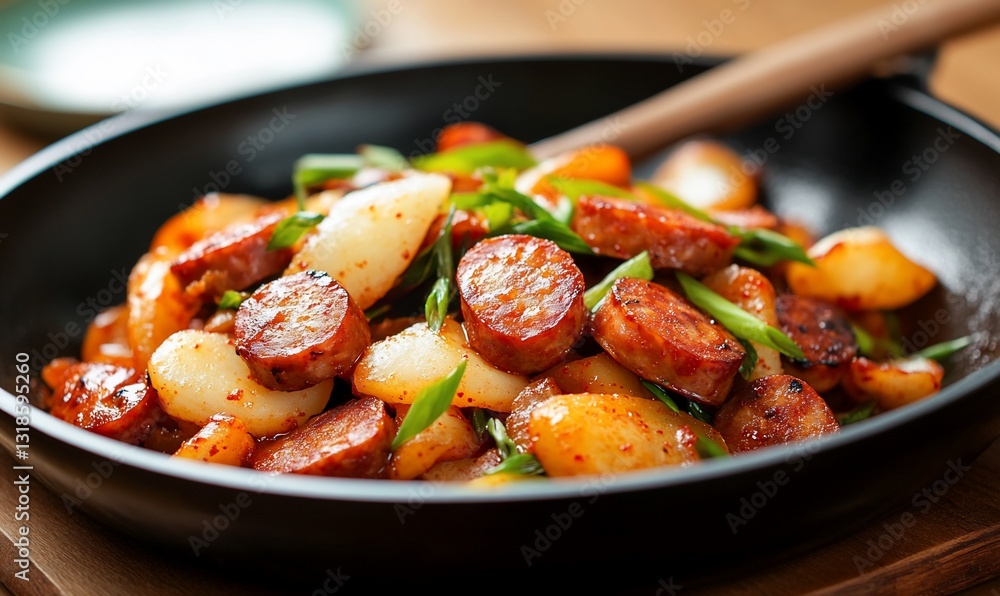 Savory saut?ed potatoes and sausage with spring onions Savory saut?ed potatoes and sausage with spring onions