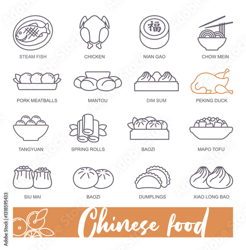 Traditional Chinese food. Thin line icons. Vector Illustration
