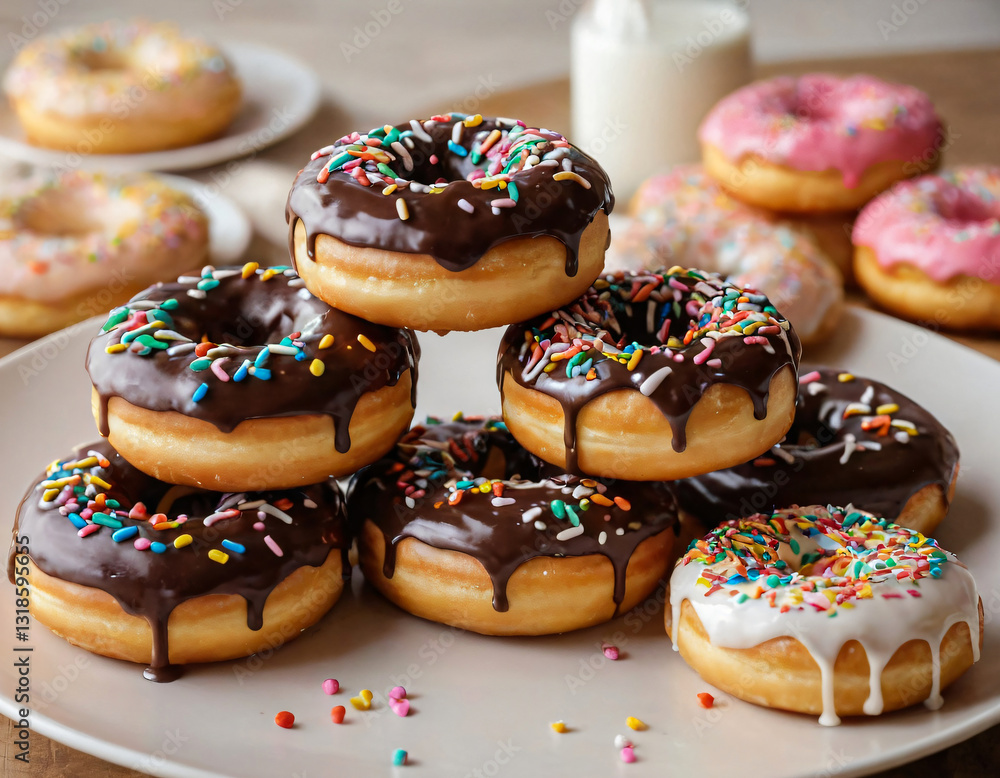 Stack of Chocolate and Sprinkle-Covered Donuts on Plate Stack of Chocolate and Sprinkle-Covered Donuts on Plate