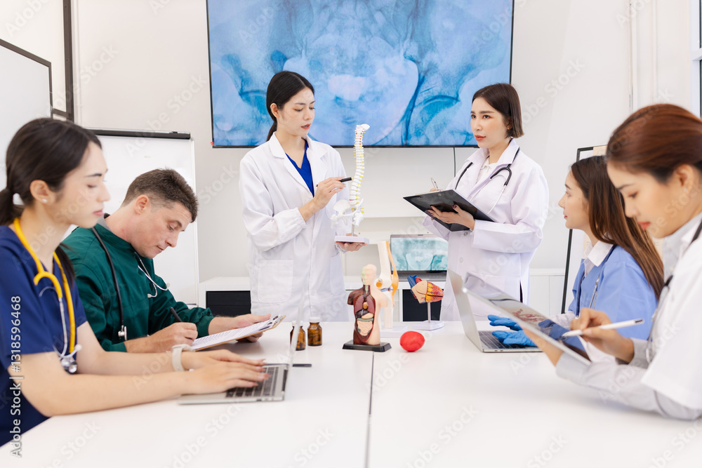 Fototapeta premium A group of doctors working together as a team in a hospital or clinic, Orthopedist doctor team, Healthcare and medical concept.