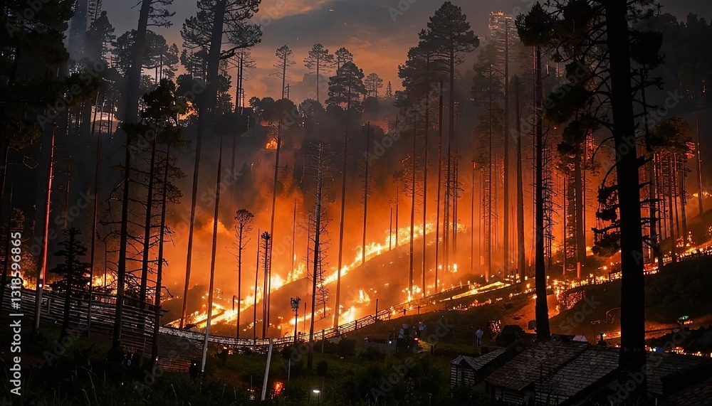 Fototapeta premium Huge tongues of flame engulf the dense forest thicket, illuminating the night sky, the raging fire destroys green vegetation. AI generated. 