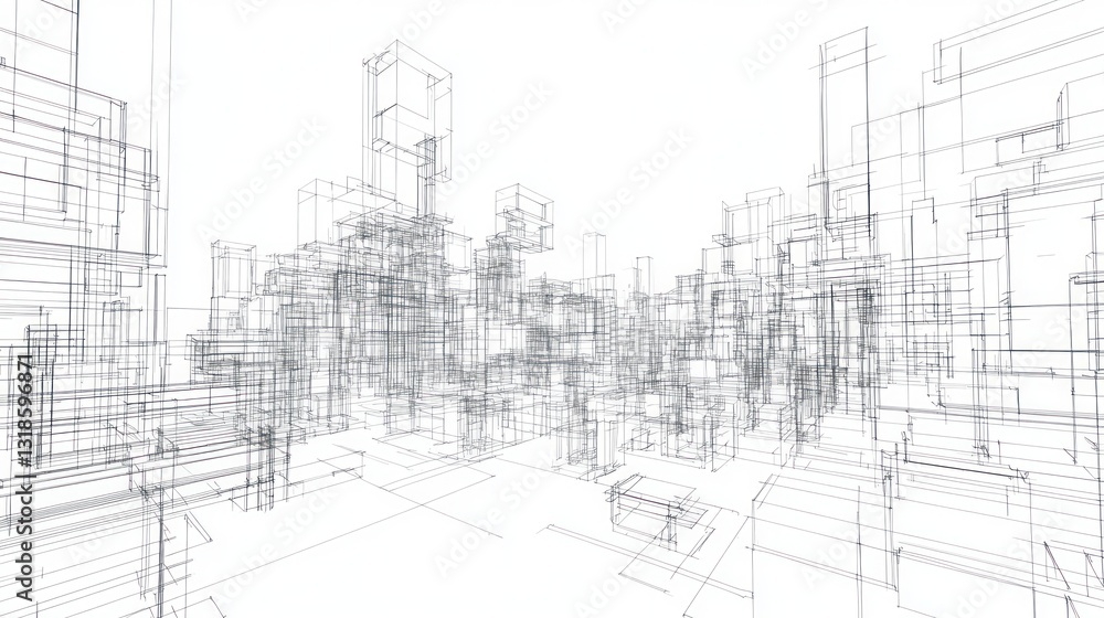 Naklejka premium Abstract Architectural Wireframe Cityscape: A 3D rendering of a futuristic city design showing the structural framework of buildings and infrastructure.