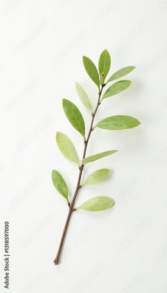 Obraz premium Small willow branch with delicate leaves on white background, minimalist, simple, willow branch