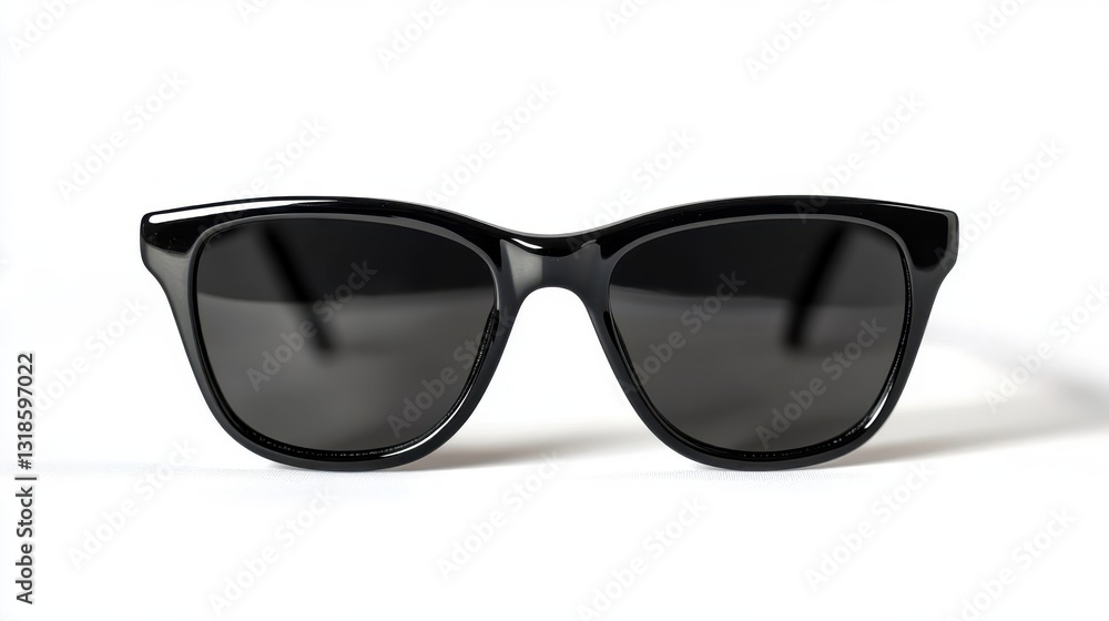A pair of fashionable black sunglasses displayed on a white surface A pair of fashionable black sunglasses displayed on a white surface