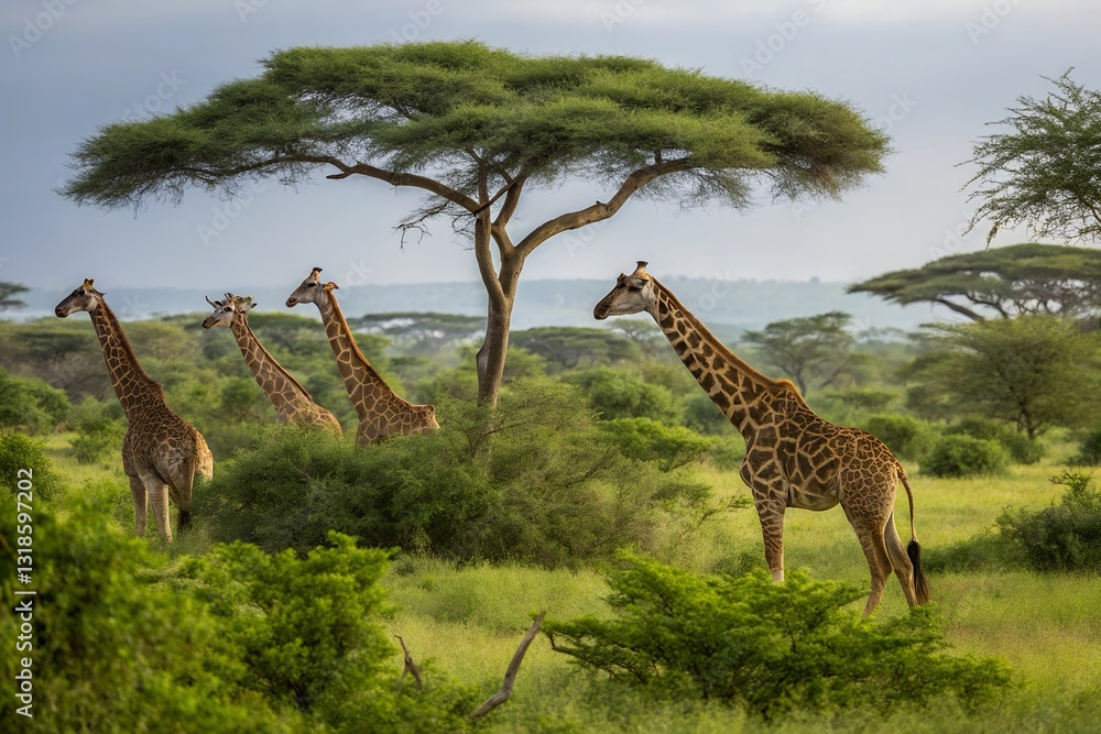 Obraz premium Artistic Depiction of a Giraffe Family Eating Leaves in a Lush Savanna Setting