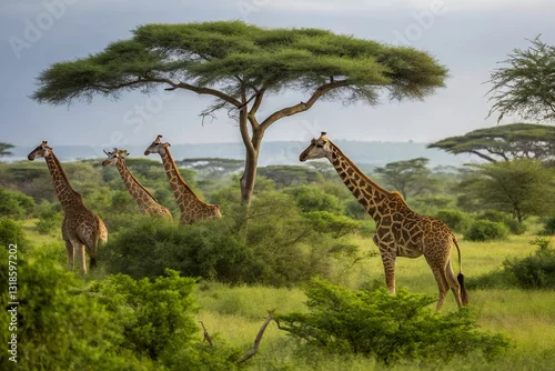Obraz Artistic Depiction of a Giraffe Family Eating Leaves in a Lush Savanna Setting