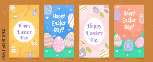 Happy Easter Day holiday party poster set. Funny butterfly and painted eggs on grass. Traditional spring religious celebration banner. Festive modern drawing typography design