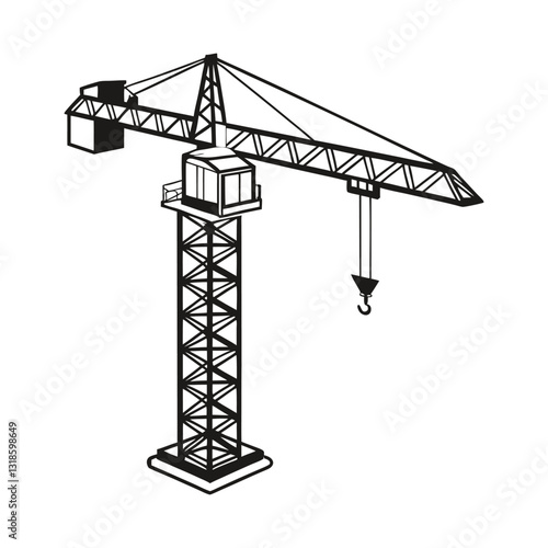 Black Silhouette of Construction Crane with Tower, Boom, and Hook – Minimalist Industrial Illustration