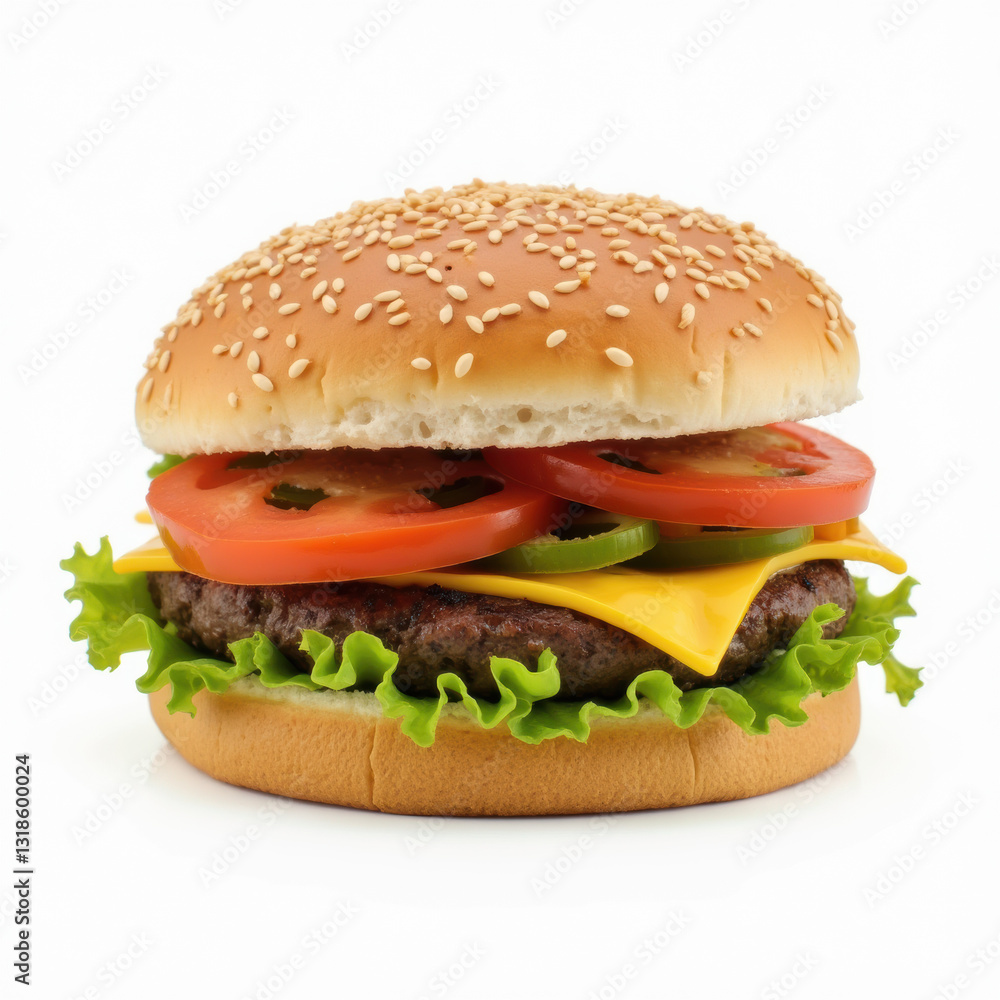 A flavorful burger with a thick, juicy beef patty, gooey cheese, and fresh lettuce, served in a soft sesame bun.