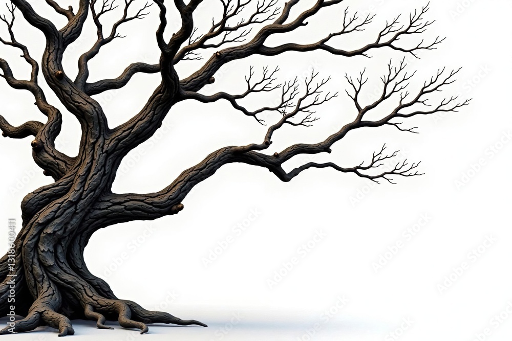 Fototapeta premium Twisted and gnarled tree branches against a white background, branches, tree, rugged