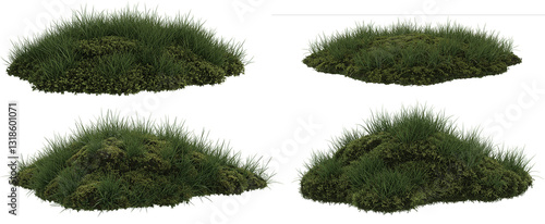 Set of floating green grass and moss patches, Transparant Background
