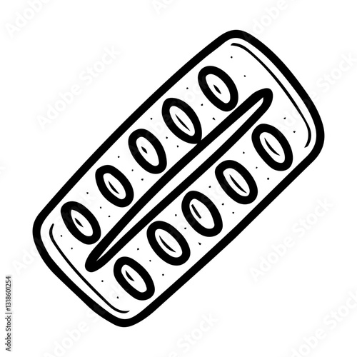 Blister of medicinal pills. Hand drawn doodle. Packaging. Treatment of disease. Taking vitamins. Vector line art illustration.