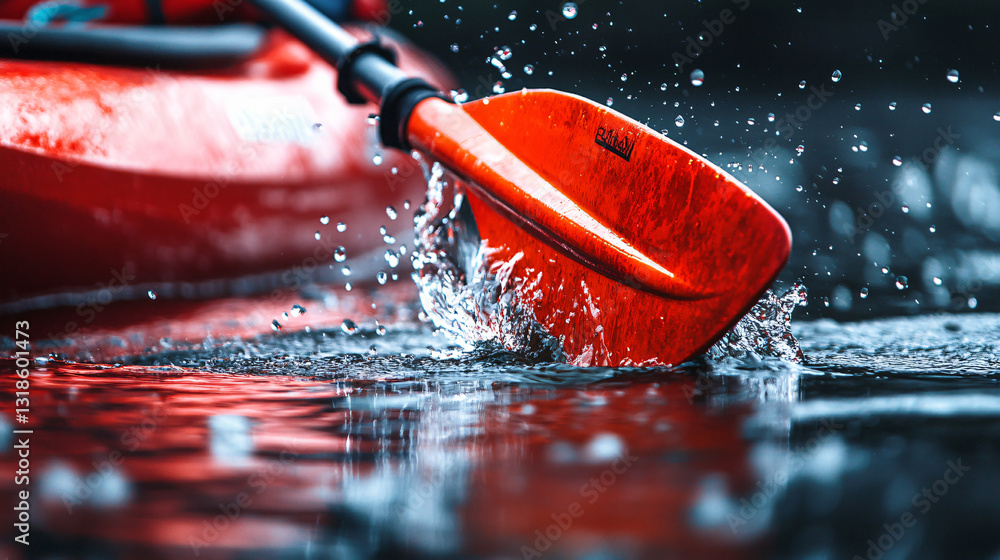 Fototapeta premium Kayak paddle slicing water dynamic motion splashing droplets vibrant red boat adventure outdoor sports close up action shot high speed extreme sports energetic movement river exploration excitement
