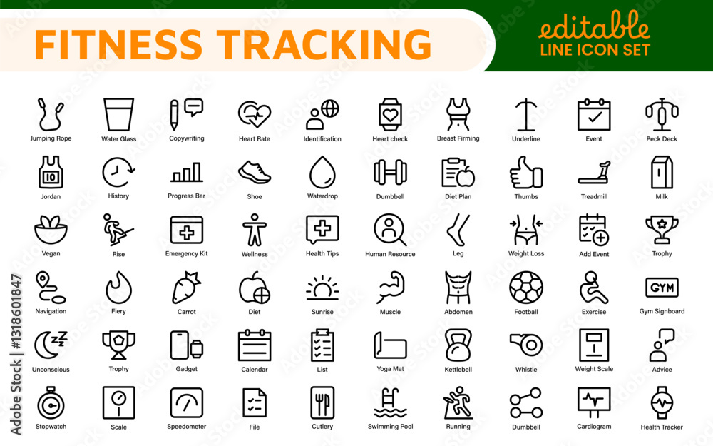 Fitness Tracking Exercise Icons – Modern Outline Symbol Set for Training and Performance Monitoring Fitness Tracking Exercise Icons – Modern Outline Symbol Set for Training and Performance Monitoring