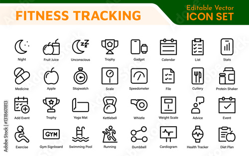 Fitness Tracking Exercise Icons – Modern Outline Symbol Set for Training and Performance Monitoring