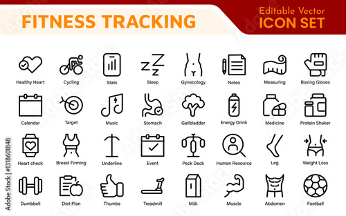 Fitness Tracking Exercise Icons – Modern Outline Symbol Set for Training and Performance Monitoring