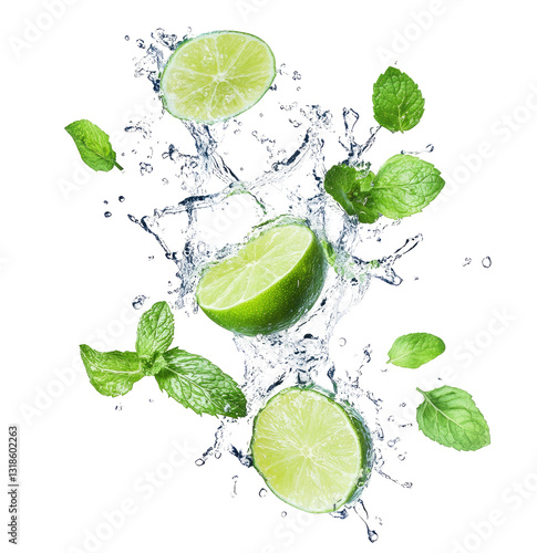 Fresh lime and mint slices in water splash © Rizki