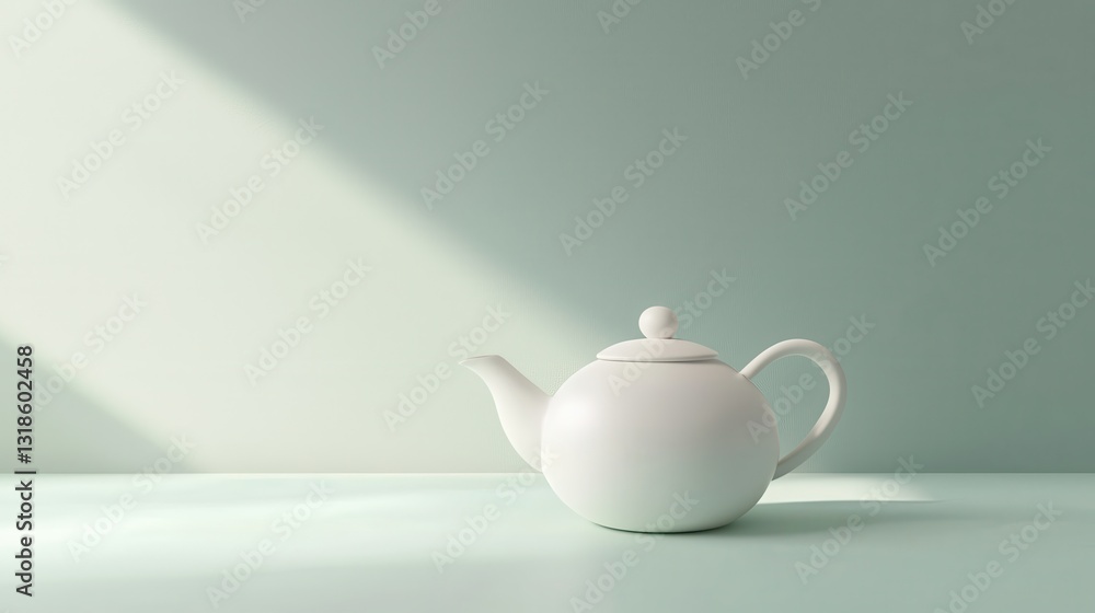 Elegant White Teapot on Minimalist Light Green Surface with Ambient Lighting Effects Elegant White Teapot on Minimalist Light Green Surface with Ambient Lighting Effects