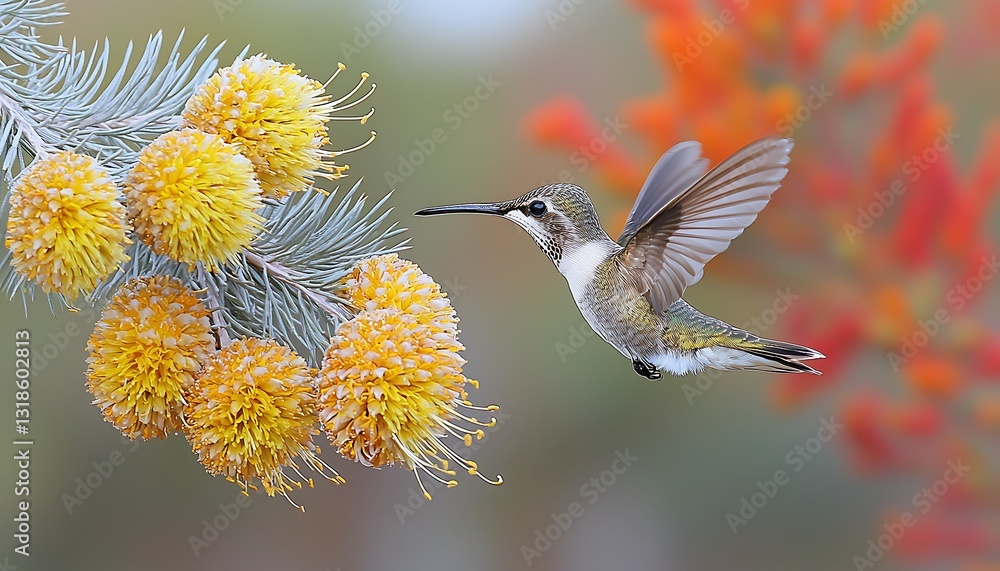 Fototapeta premium Hummingbird feeding for desert bloom, autumn.