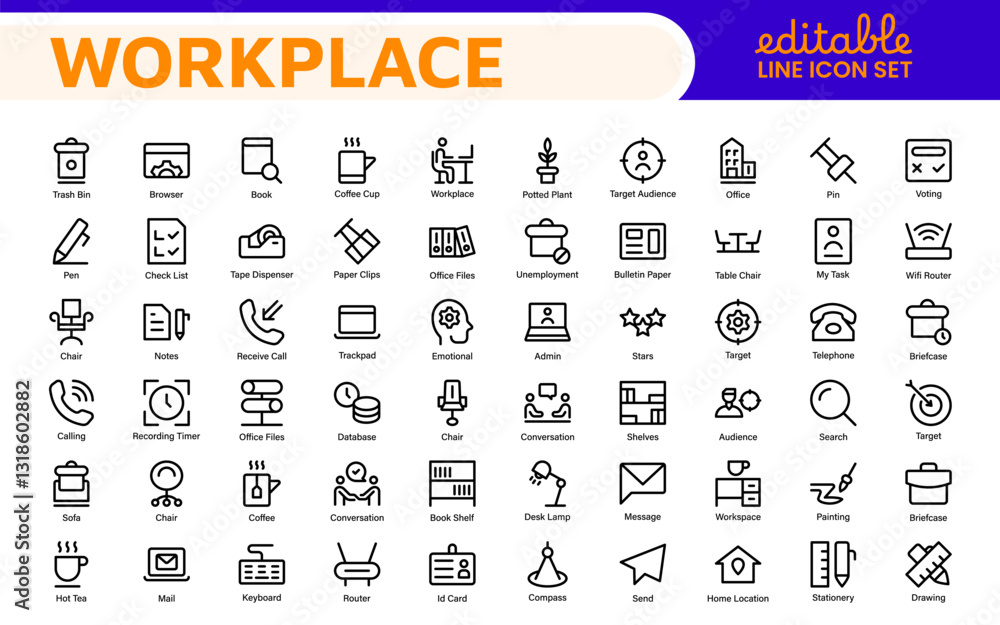 Workplace web icons in line style. Employ, conference, project, document, business, work, support, contact us, productivity strategy, collection. Workplace web icons in line style. Employ, conference, project, document, business, work, support, contact us, productivity strategy, collection.