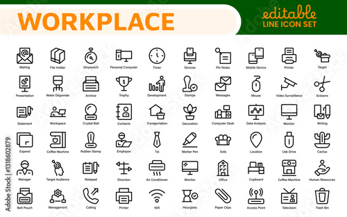 Workplace web icons in line style. Employ, conference, project, document, business, work, support, contact us, productivity strategy, collection.