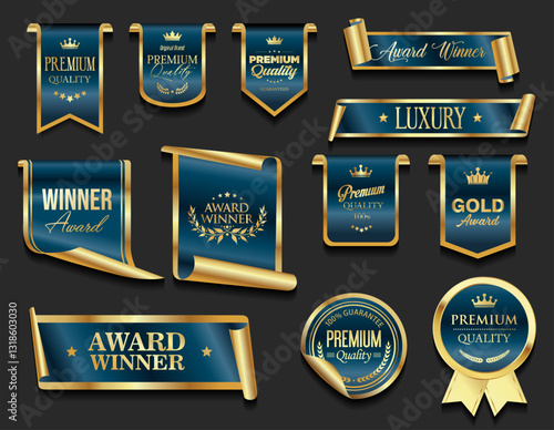 VIP, premium and gold award emblem blue and gold isolated on black background