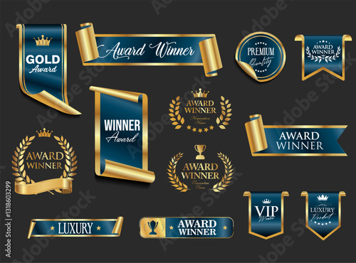 VIP, premium and gold award emblem blue and gold isolated on black background