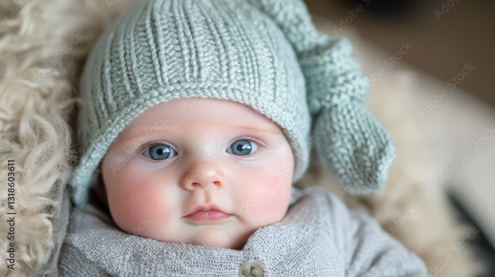 Sweet Baby in Cozy Knit Hat Relaxing on Soft Blanket with Gentle Expression and Bright Blue Eyes Sweet Baby in Cozy Knit Hat Relaxing on Soft Blanket with Gentle Expression and Bright Blue Eyes