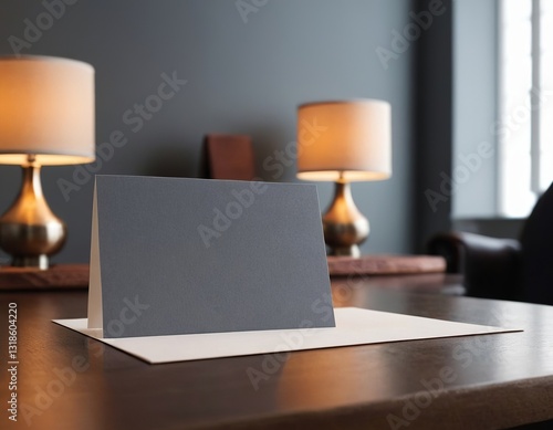 A minimalist desk setup featuring a gray card on a wooden table with warm lamp light. photo